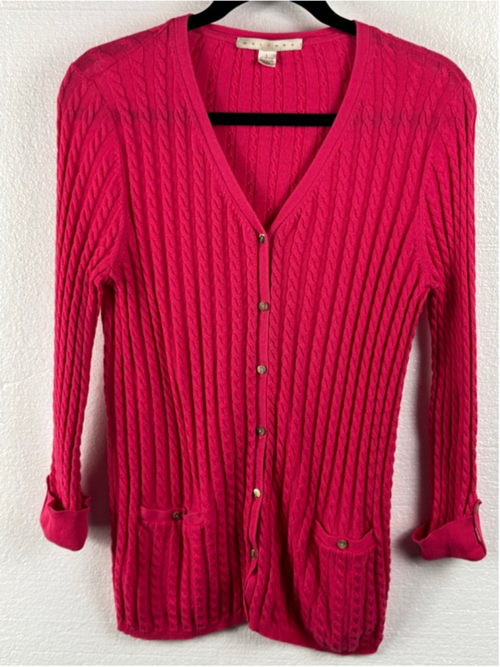 Belford Pink V- Neck button front two front pockets Cable Knit Cardigan size L